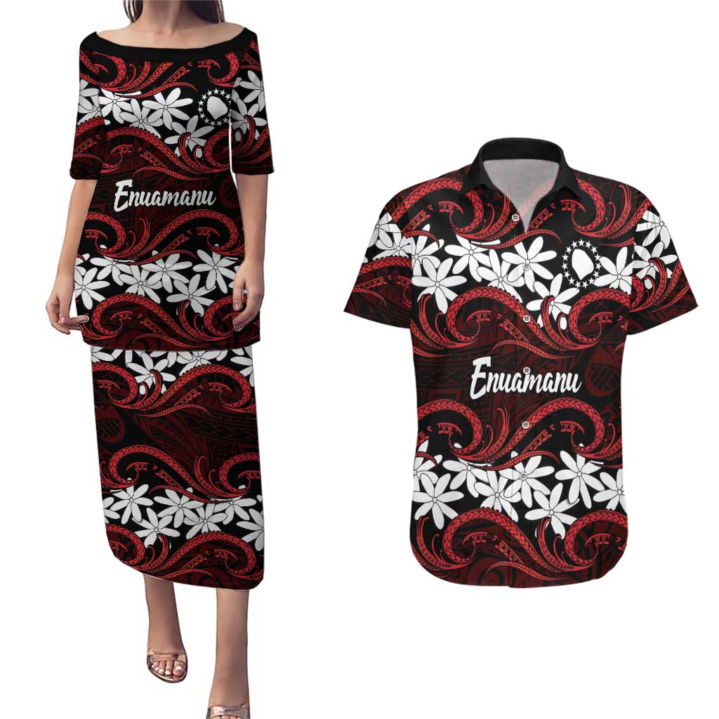 Personalised Cook Islands Atiu Enuamanu Couples Matching Puletasi and Hawaiian Shirt Tiare Maori Polynesian Waves Tattoo LT14 Red - Polynesian Pride