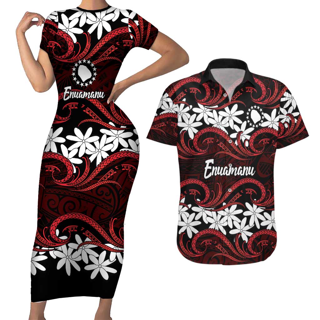 Personalised Cook Islands Atiu Enuamanu Couples Matching Short Sleeve Bodycon Dress and Hawaiian Shirt Tiare Maori Polynesian Waves Tattoo LT14 Red - Polynesian Pride