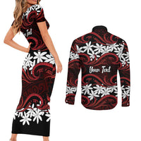 Personalised Cook Islands Atiu Enuamanu Couples Matching Short Sleeve Bodycon Dress and Long Sleeve Button Shirt Tiare Maori Polynesian Waves Tattoo LT14 - Polynesian Pride