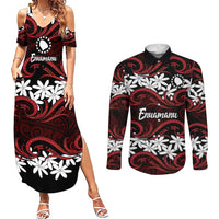 Personalised Cook Islands Atiu Enuamanu Couples Matching Summer Maxi Dress and Long Sleeve Button Shirt Tiare Maori Polynesian Waves Tattoo LT14 Red - Polynesian Pride
