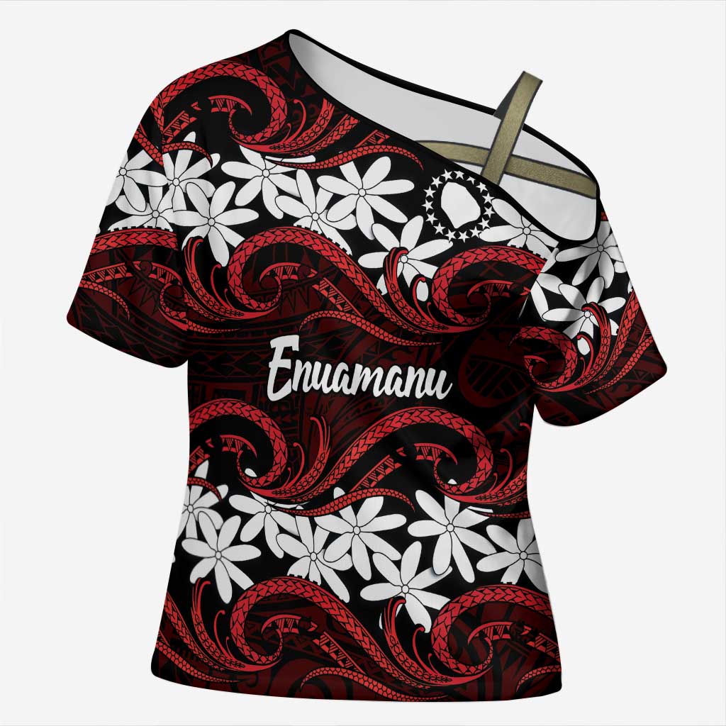 Personalised Cook Islands Atiu Enuamanu Cross Shoulder Shirt Tiare Maori Polynesian Waves Tattoo LT14 Female Red - Polynesian Pride