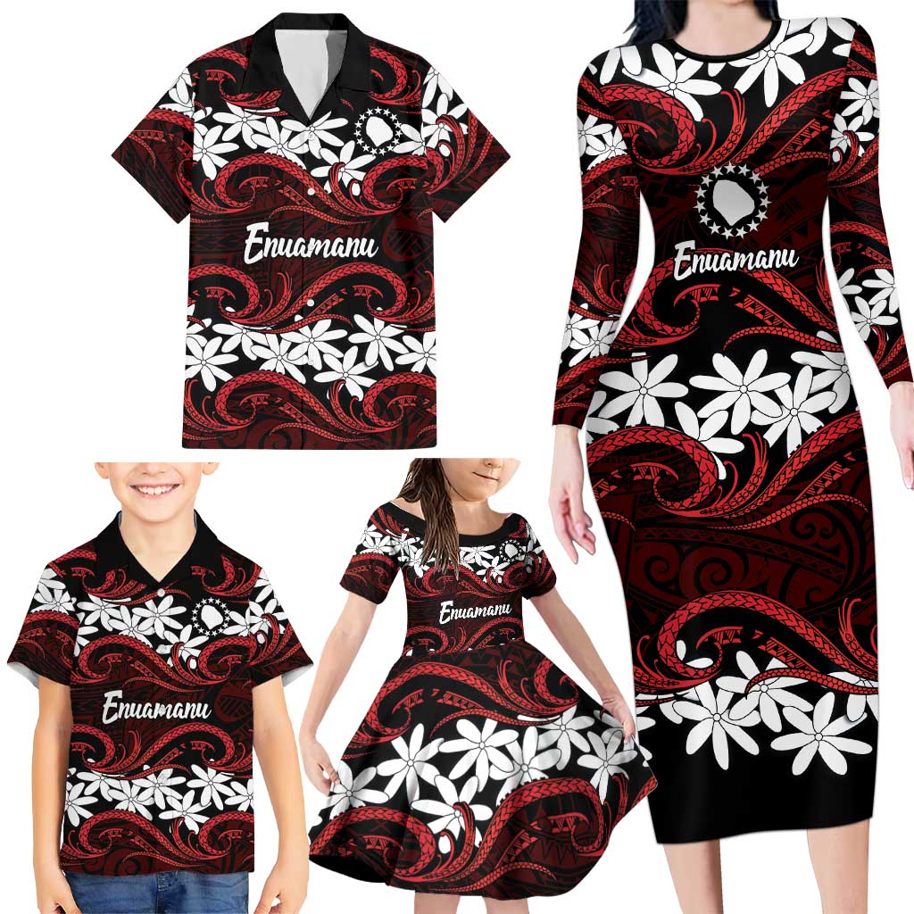 Personalised Cook Islands Atiu Enuamanu Family Matching Long Sleeve Bodycon Dress and Hawaiian Shirt Tiare Maori Polynesian Waves Tattoo LT14 - Polynesian Pride