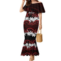 Personalised Cook Islands Atiu Enuamanu Family Matching Mermaid Dress and Hawaiian Shirt Tiare Maori Polynesian Waves Tattoo LT14 Mom's Dress Red - Polynesian Pride