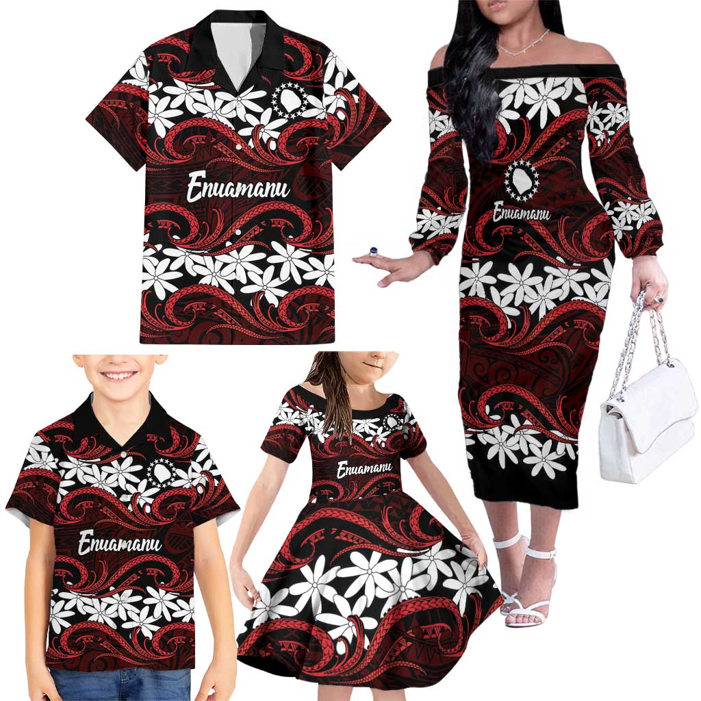 Personalised Cook Islands Atiu Enuamanu Family Matching Off The Shoulder Long Sleeve Dress and Hawaiian Shirt Tiare Maori Polynesian Waves Tattoo
