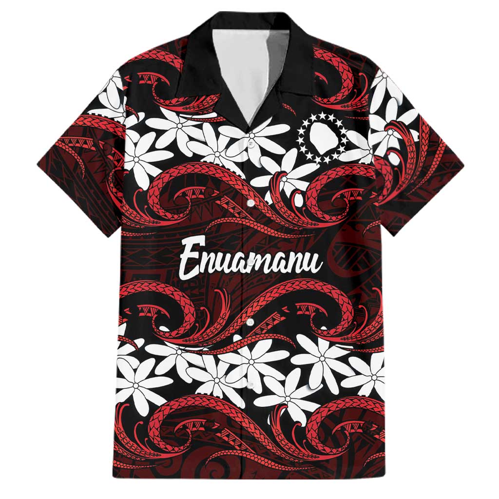 Personalised Cook Islands Atiu Enuamanu Family Matching Off Shoulder Short Dress and Hawaiian Shirt Tiare Maori Polynesian Waves Tattoo LT14 Dad's Shirt - Short Sleeve Red - Polynesian Pride