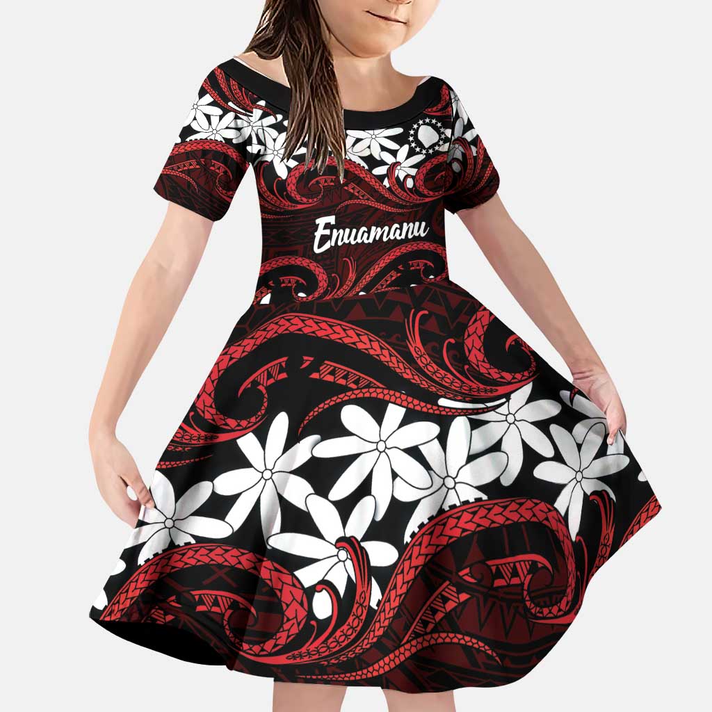 Personalised Cook Islands Atiu Enuamanu Family Matching Puletasi and Hawaiian Shirt Tiare Maori Polynesian Waves Tattoo LT14 Daughter's Dress Red - Polynesian Pride