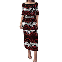 Personalised Cook Islands Atiu Enuamanu Family Matching Puletasi and Hawaiian Shirt Tiare Maori Polynesian Waves Tattoo LT14 Mom's Dress Red - Polynesian Pride
