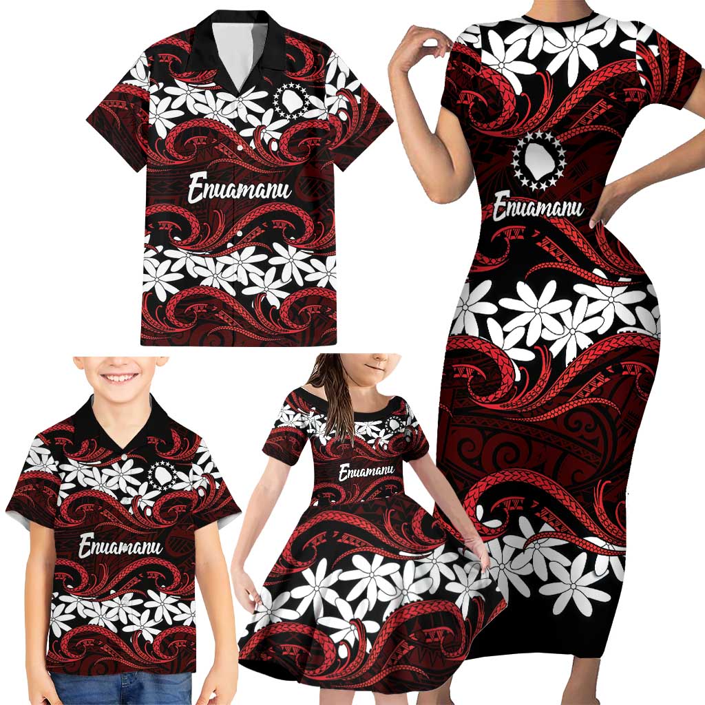 Personalised Cook Islands Atiu Enuamanu Family Matching Short Sleeve Bodycon Dress and Hawaiian Shirt Tiare Maori Polynesian Waves Tattoo LT14 - Polynesian Pride