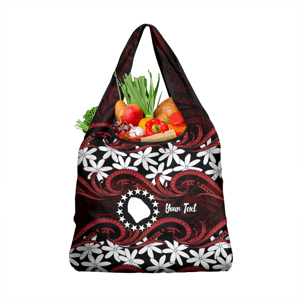 Personalised Cook Islands Atiu Enuamanu Grocery Bag Tiare Maori Polynesian Waves Tattoo