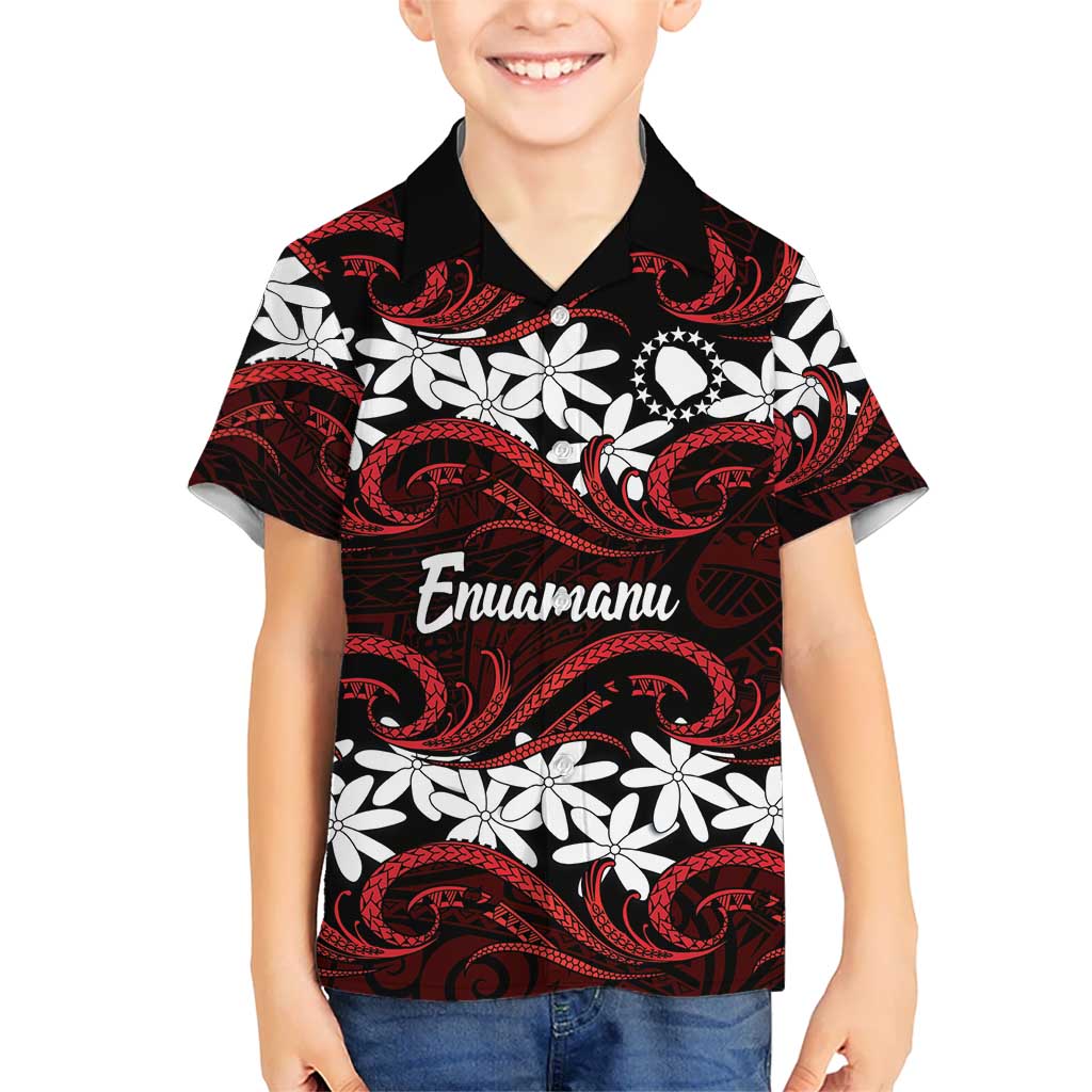 Personalised Cook Islands Atiu Enuamanu Kid Hawaiian Shirt Tiare Maori Polynesian Waves Tattoo