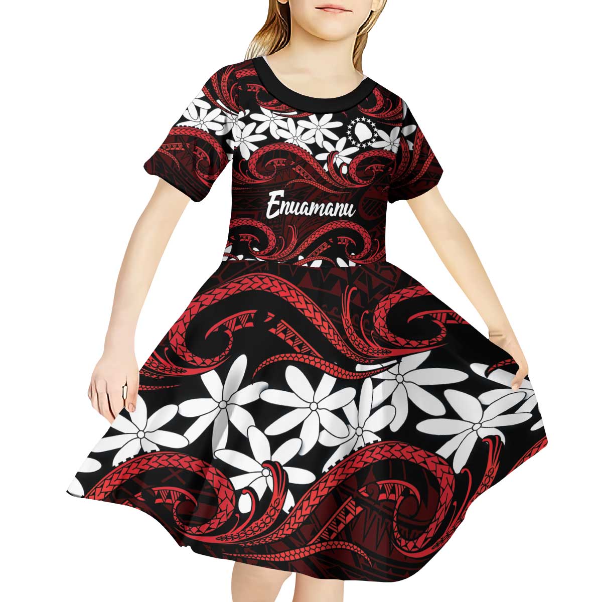Personalised Cook Islands Atiu Enuamanu Kid Short Sleeve Dress Tiare Maori Polynesian Waves Tattoo LT14 - Polynesian Pride