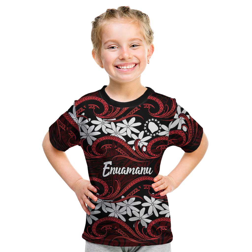 Personalised Cook Islands Atiu Enuamanu Kid T Shirt Tiare Maori Polynesian Waves Tattoo LT14 Red - Polynesian Pride