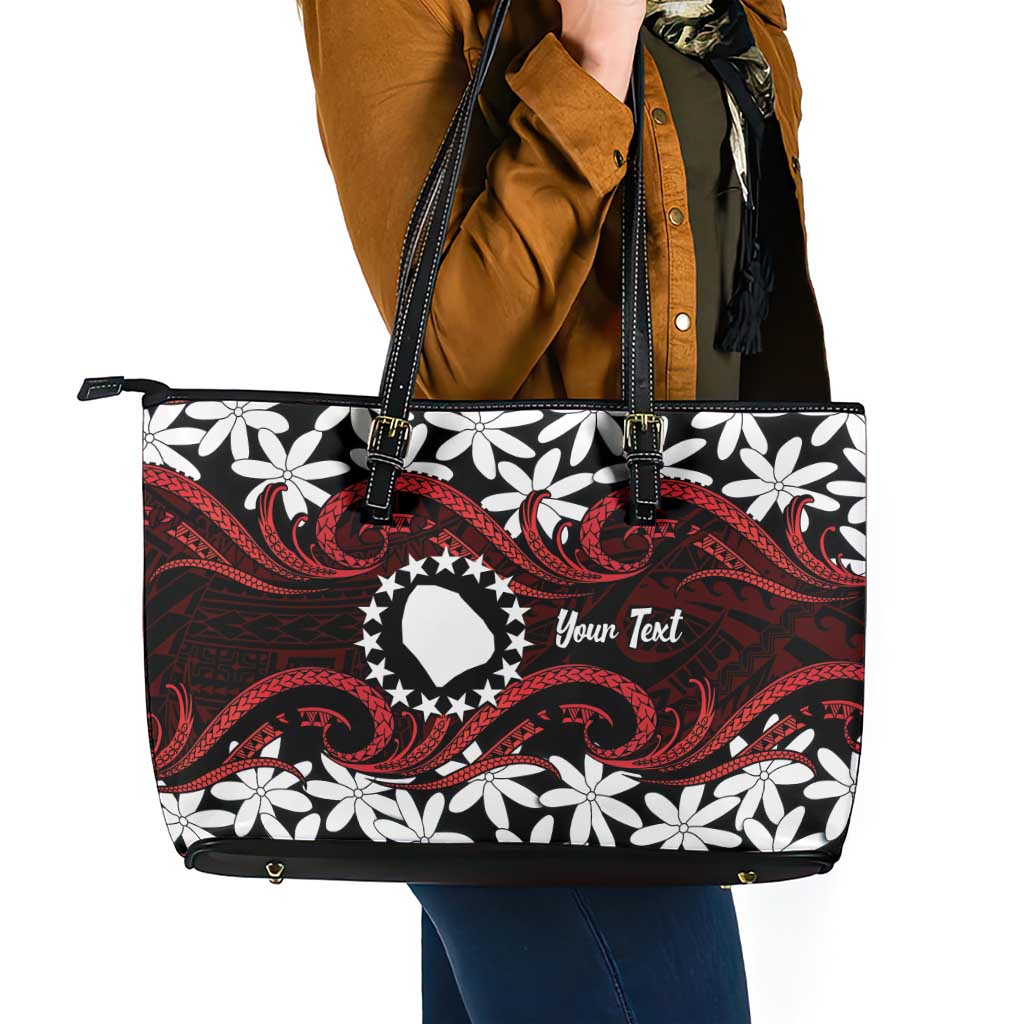 Personalised Cook Islands Atiu Enuamanu Leather Tote Bag Tiare Maori Polynesian Waves Tattoo
