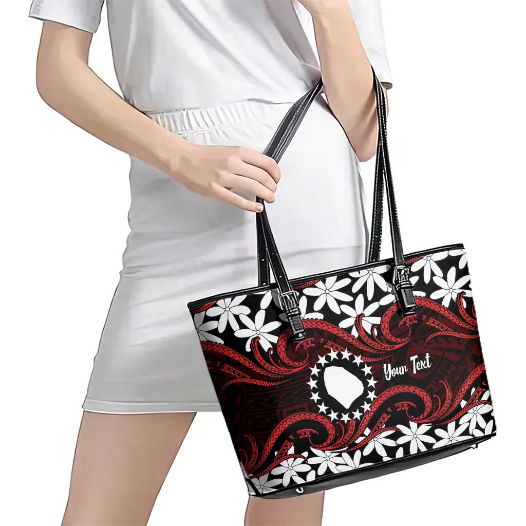 Personalised Cook Islands Atiu Enuamanu Leather Tote Bag Tiare Maori Polynesian Waves Tattoo