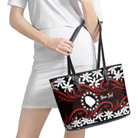 Personalised Cook Islands Atiu Enuamanu Leather Tote Bag Tiare Maori Polynesian Waves Tattoo