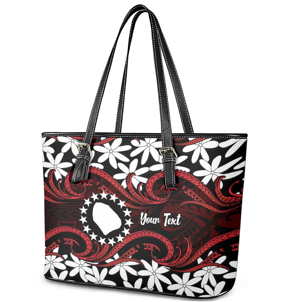 Personalised Cook Islands Atiu Enuamanu Leather Tote Bag Tiare Maori Polynesian Waves Tattoo