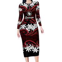 Personalised Cook Islands Atiu Enuamanu Long Sleeve Bodycon Dress Tiare Maori Polynesian Waves Tattoo LT14 Long Dress Red - Polynesian Pride