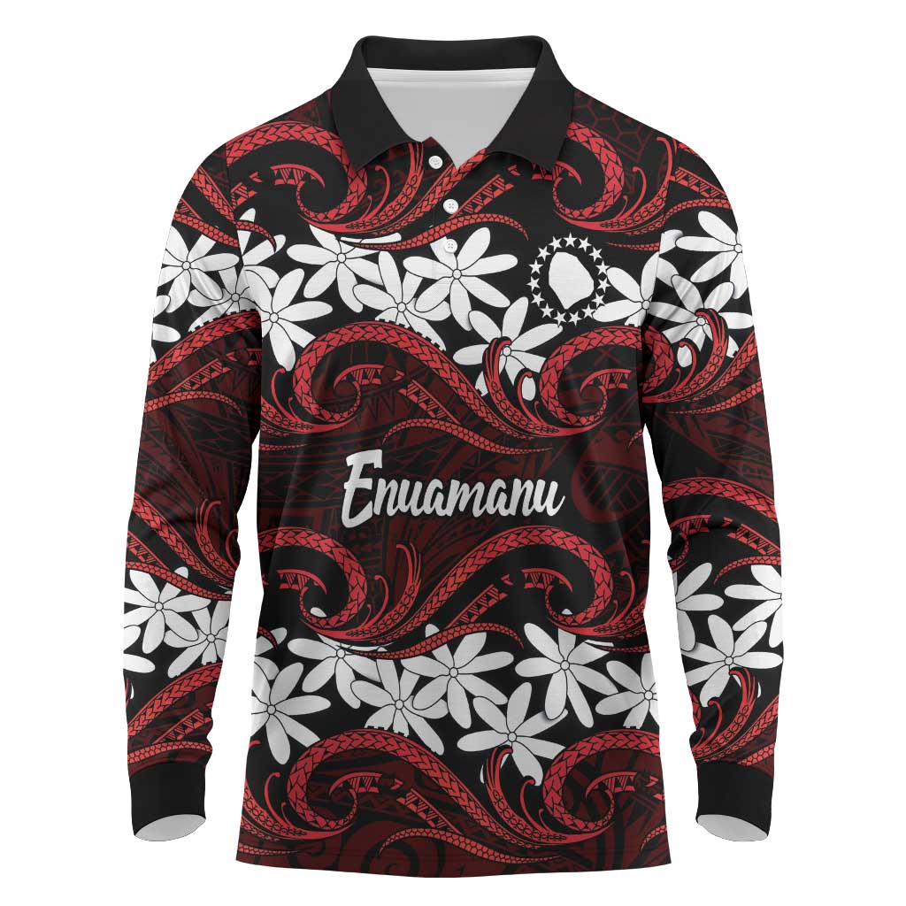 Personalised Cook Islands Atiu Enuamanu Long Sleeve Polo Shirt Tiare Maori Polynesian Waves Tattoo