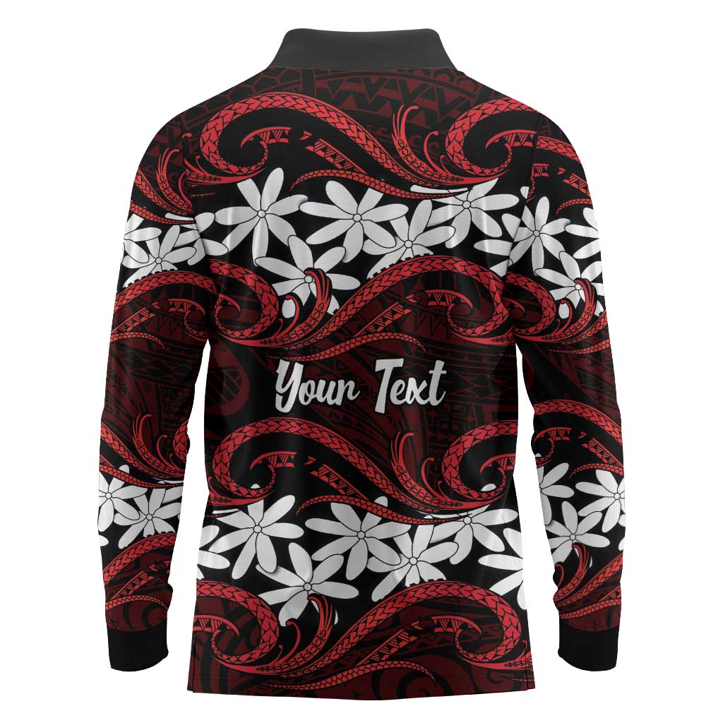 Personalised Cook Islands Atiu Enuamanu Long Sleeve Polo Shirt Tiare Maori Polynesian Waves Tattoo LT14 - Polynesian Pride