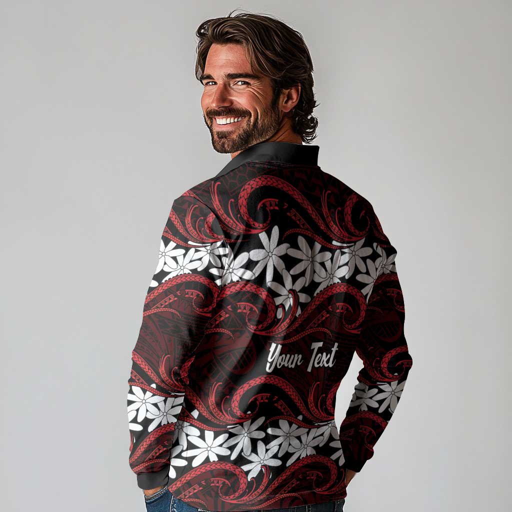Personalised Cook Islands Atiu Enuamanu Long Sleeve Polo Shirt Tiare Maori Polynesian Waves Tattoo LT14 - Polynesian Pride