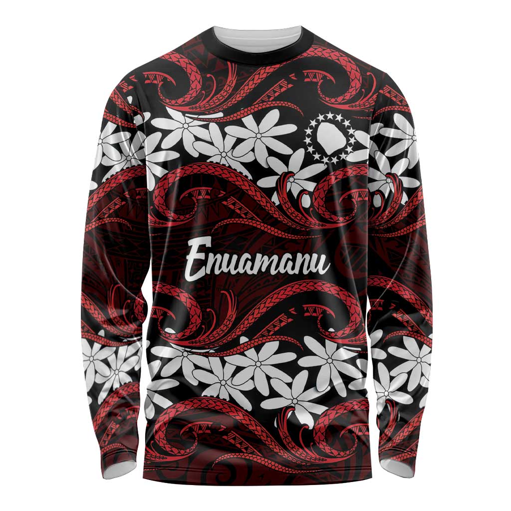 Personalised Cook Islands Atiu Enuamanu Long Sleeve Shirt Tiare Maori Polynesian Waves Tattoo LT14 Unisex Red - Polynesian Pride