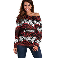 Personalised Cook Islands Atiu Enuamanu Off Shoulder Sweater Tiare Maori Polynesian Waves Tattoo