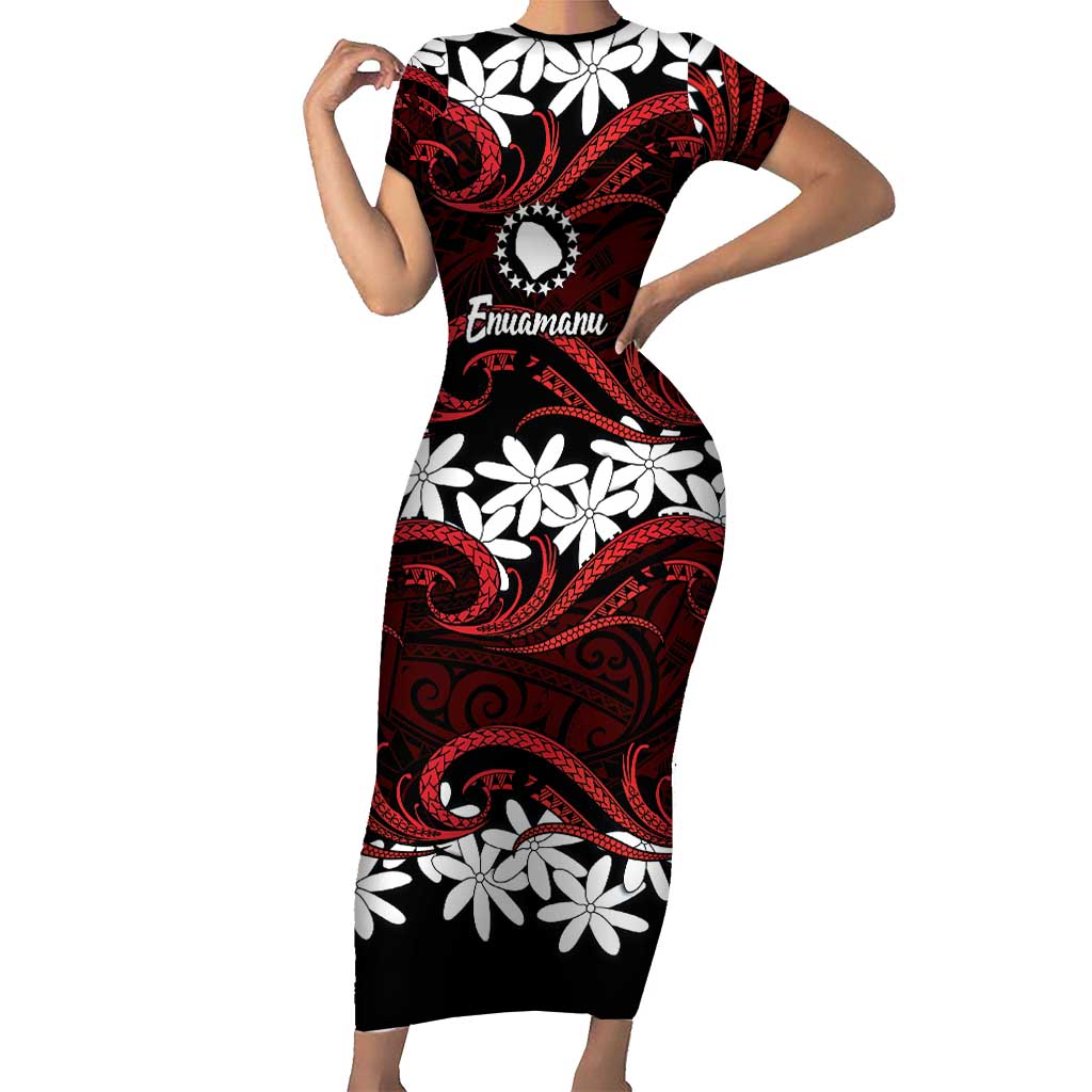 Personalised Cook Islands Atiu Enuamanu Short Sleeve Bodycon Dress Tiare Maori Polynesian Waves Tattoo LT14 Long Dress Red - Polynesian Pride