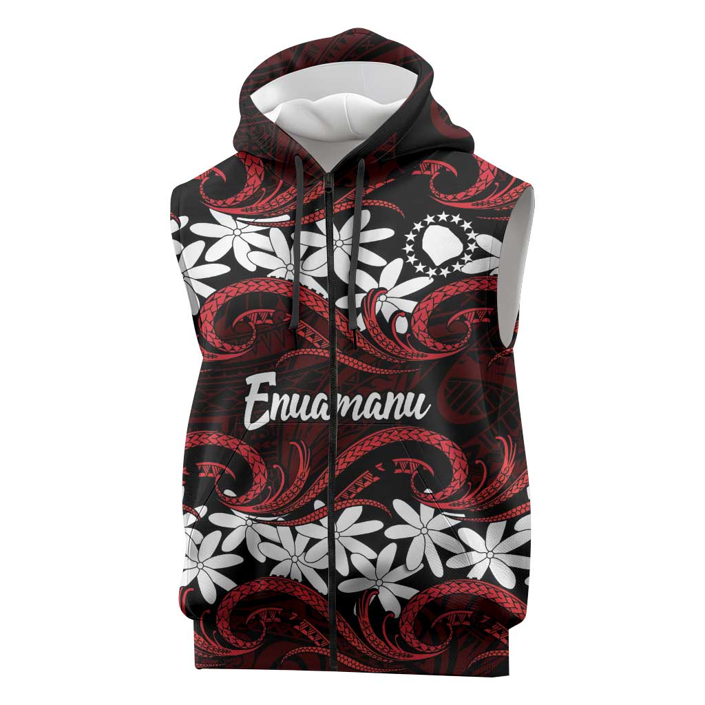 Personalised Cook Islands Atiu Enuamanu Sleeveless Zip Hoodie Tiare Maori Polynesian Waves Tattoo LT14 Red - Polynesian Pride