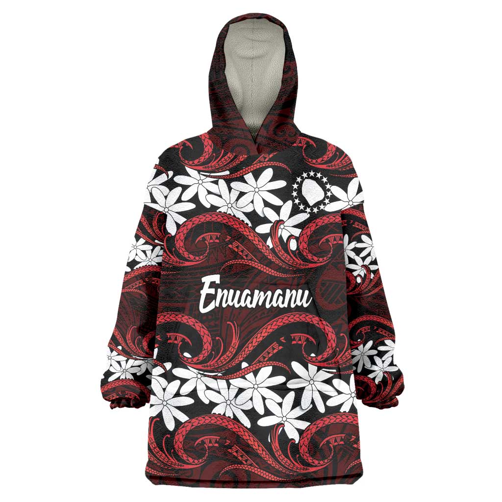 Personalised Cook Islands Atiu Enuamanu Wearable Blanket Hoodie Tiare Maori Polynesian Waves Tattoo LT14 One Size Red - Polynesian Pride