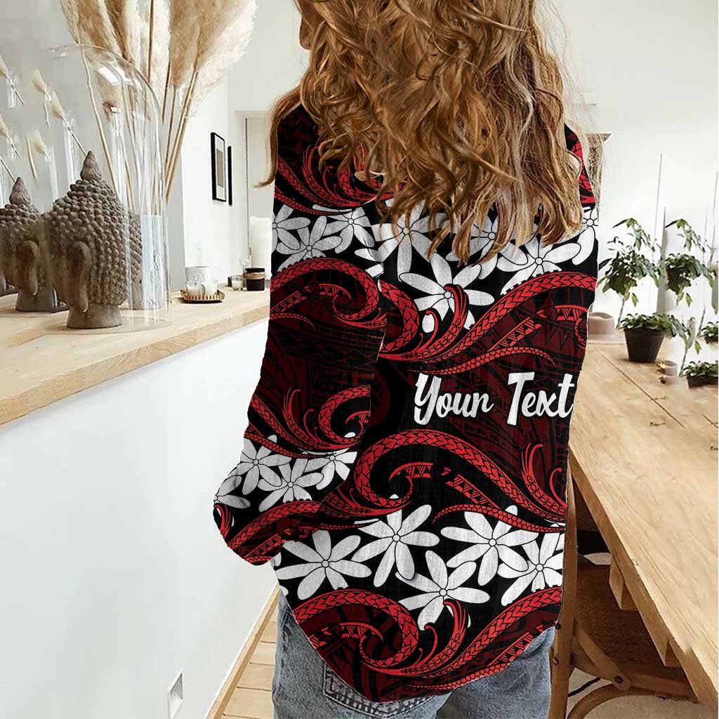 Personalised Cook Islands Atiu Enuamanu Women Casual Shirt Tiare Maori Polynesian Waves Tattoo LT14 - Polynesian Pride