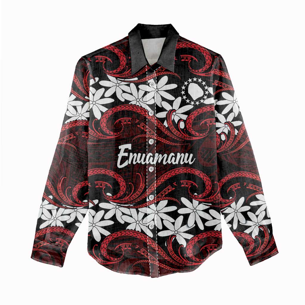 Personalised Cook Islands Atiu Enuamanu Women Casual Shirt Tiare Maori Polynesian Waves Tattoo LT14 - Polynesian Pride