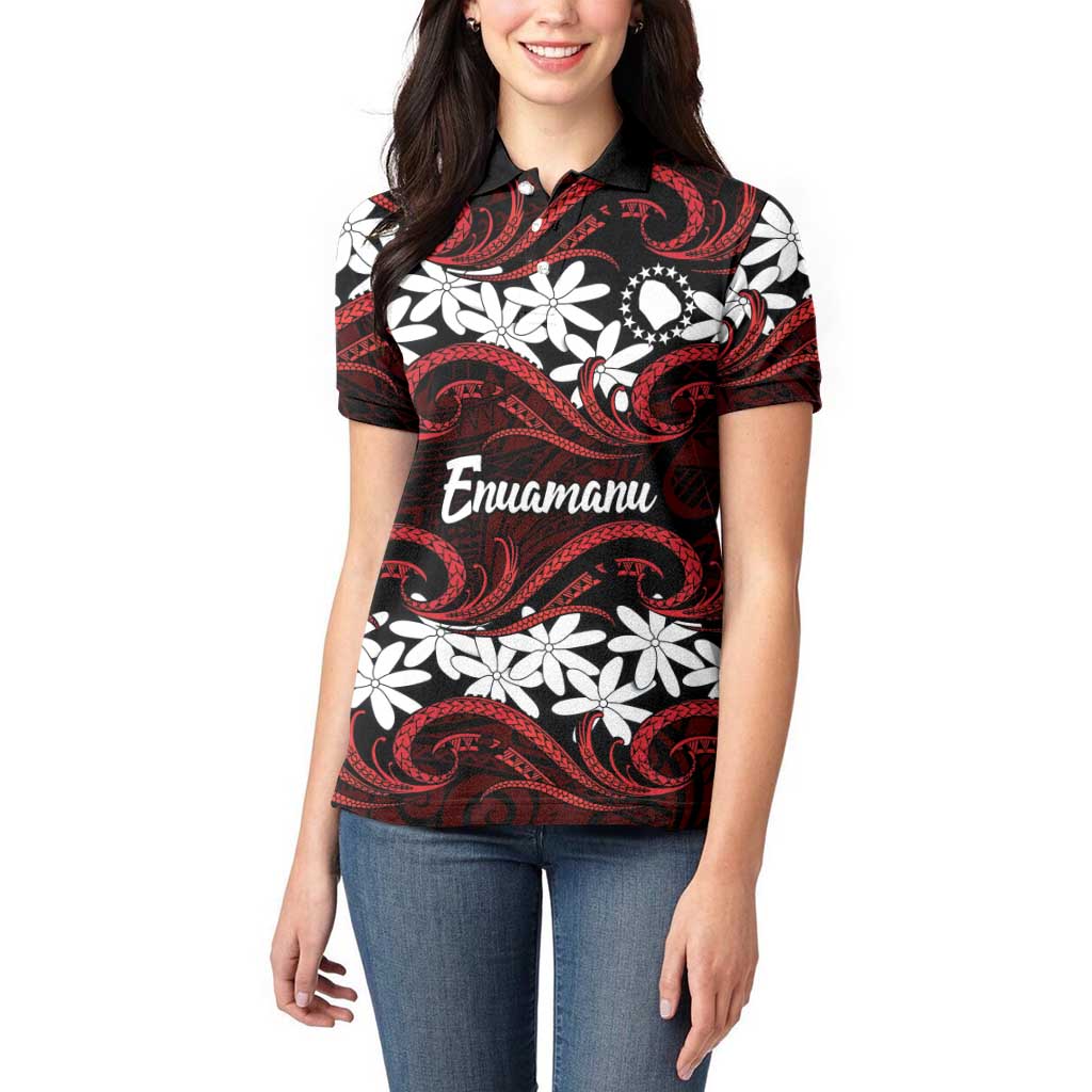 Personalised Cook Islands Atiu Enuamanu Women Polo Shirt Tiare Maori Polynesian Waves Tattoo LT14 - Polynesian Pride