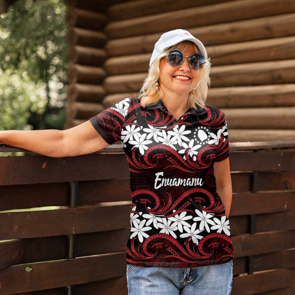 Personalised Cook Islands Atiu Enuamanu Women Polo Shirt Tiare Maori Polynesian Waves Tattoo LT14 - Polynesian Pride