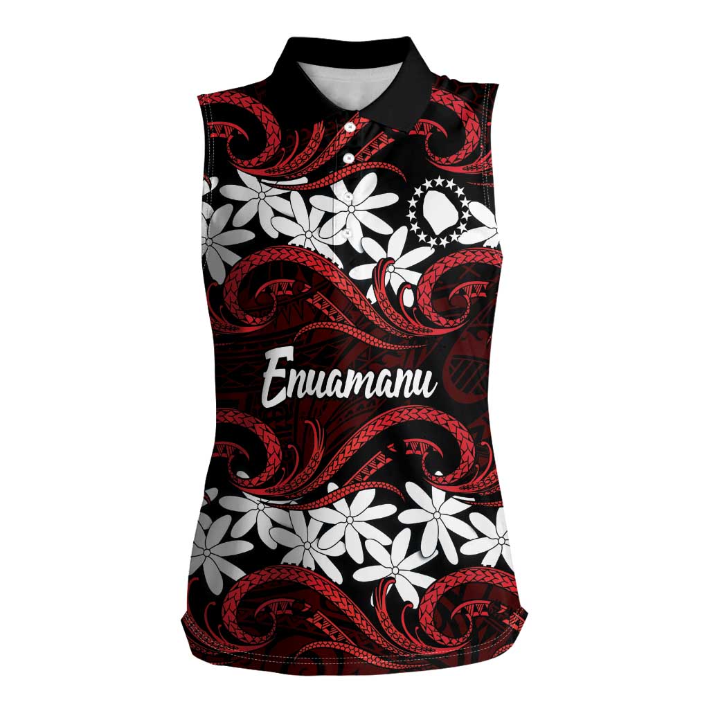 Personalised Cook Islands Atiu Enuamanu Women Sleeveless Polo Shirt Tiare Maori Polynesian Waves Tattoo LT14 Female Red - Polynesian Pride