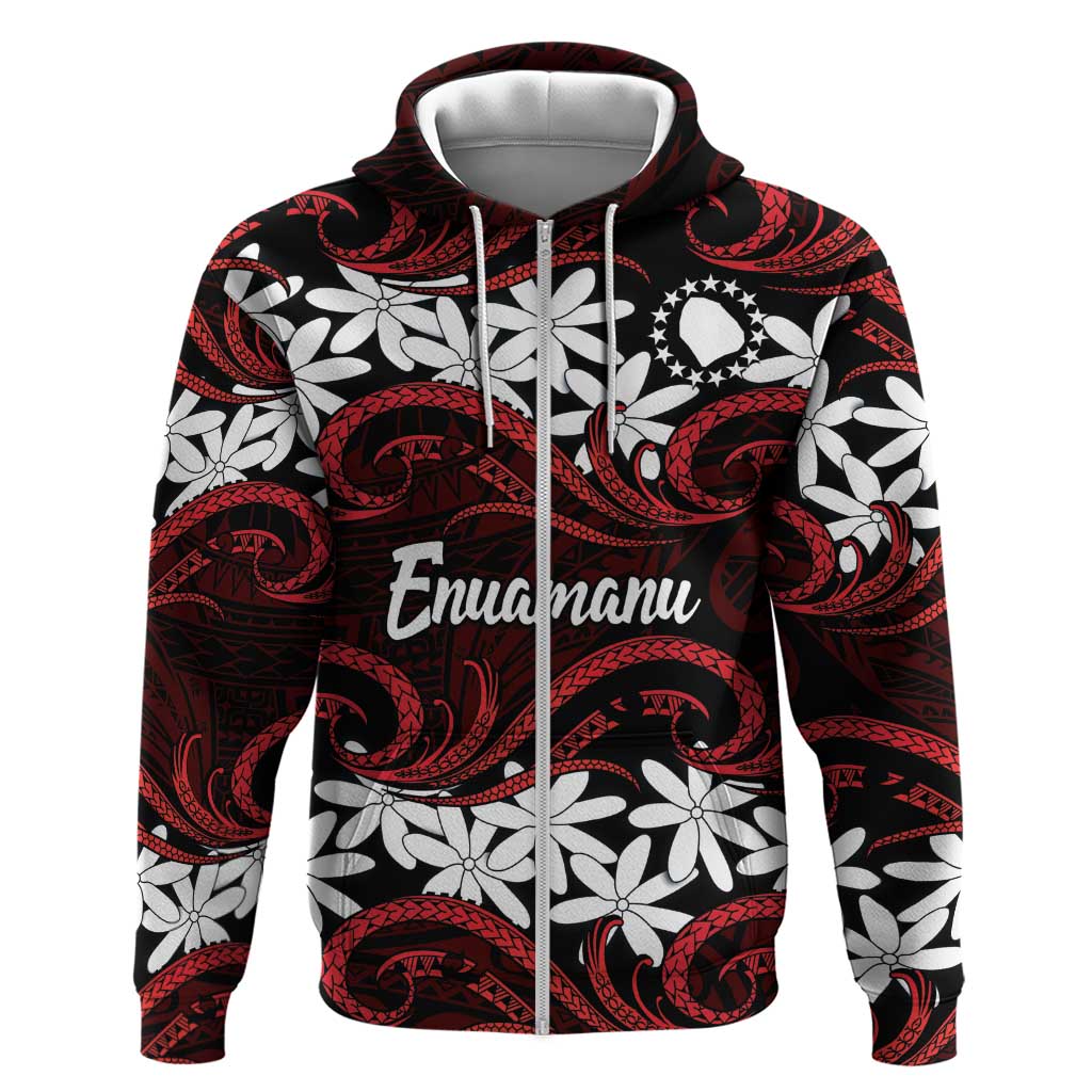 Personalised Cook Islands Atiu Enuamanu Zip Hoodie Tiare Maori Polynesian Waves Tattoo LT14 Zip Hoodie Red - Polynesian Pride