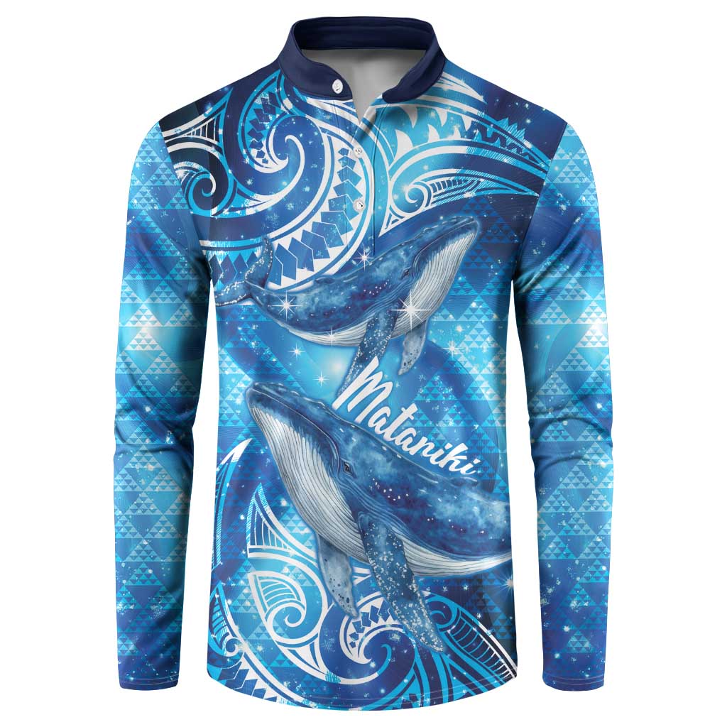 New Zealand Humpback Whale Matariki Button Sweatshirt Maori New Year Taniko Niho Taniwha LT14 Blue - Polynesian Pride