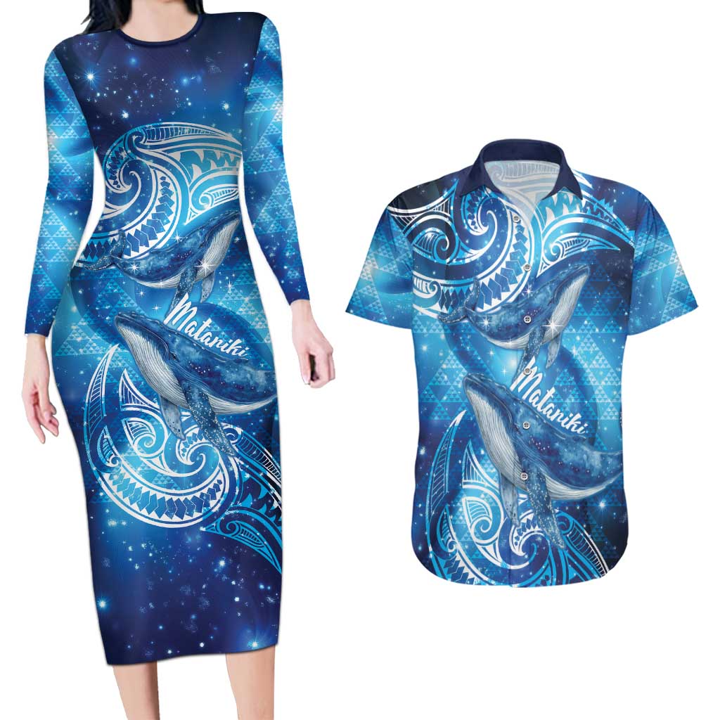 New Zealand Humpback Whale Matariki Couples Matching Long Sleeve Bodycon Dress and Hawaiian Shirt Maori New Year Taniko Niho Taniwha LT14 Blue - Polynesian Pride