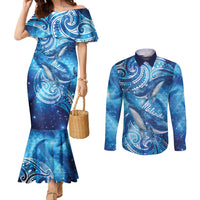New Zealand Humpback Whale Matariki Couples Matching Mermaid Dress and Long Sleeve Button Shirt Maori New Year Taniko Niho Taniwha LT14 Blue - Polynesian Pride