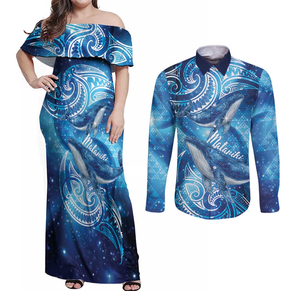 New Zealand Humpback Whale Matariki Couples Matching Off Shoulder Maxi Dress and Long Sleeve Button Shirt Maori New Year Taniko Niho Taniwha LT14 Blue - Polynesian Pride