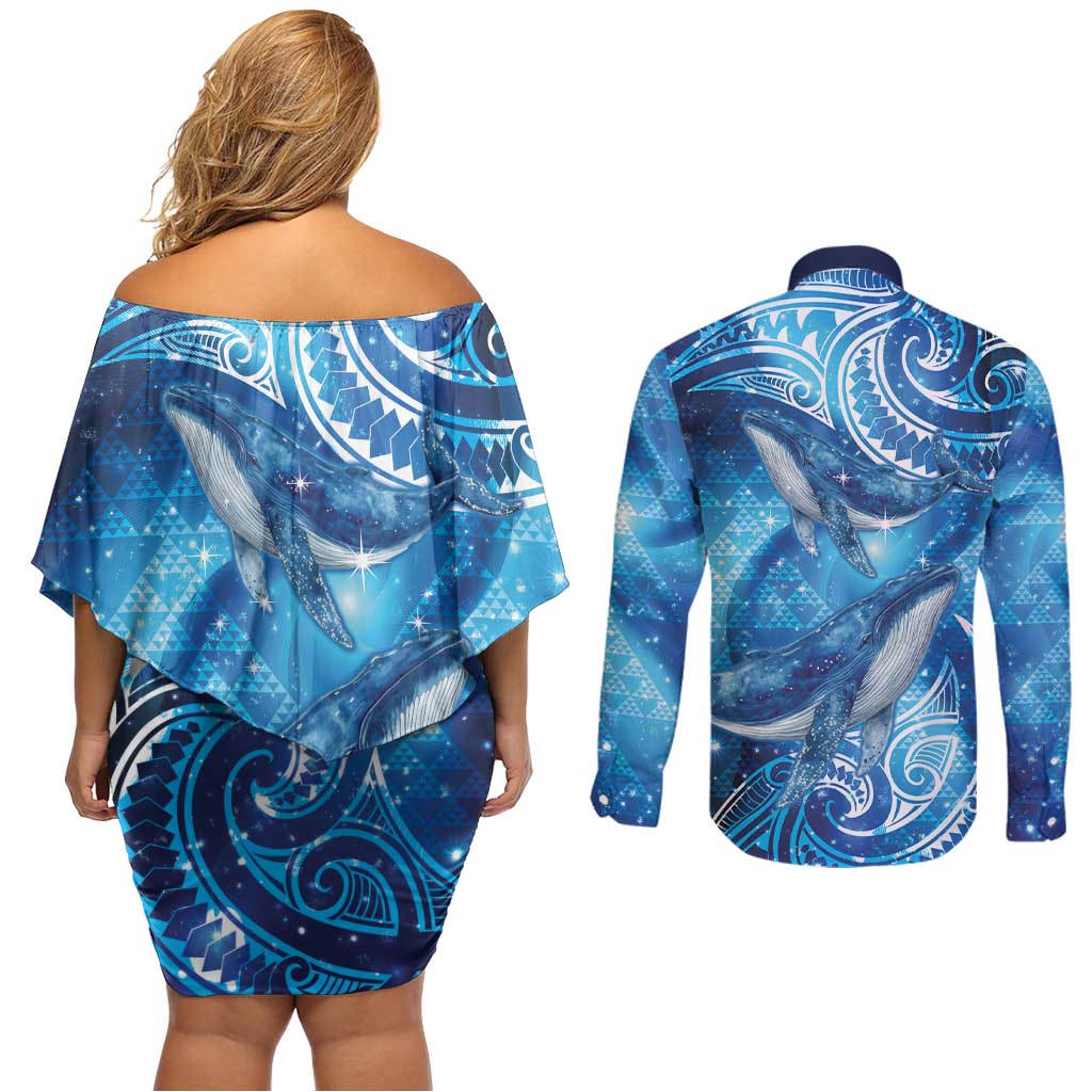 New Zealand Humpback Whale Matariki Couples Matching Off Shoulder Short Dress and Long Sleeve Button Shirt Maori New Year Taniko Niho Taniwha LT14 - Polynesian Pride