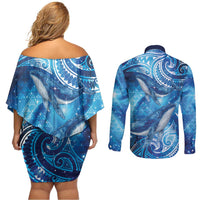 New Zealand Humpback Whale Matariki Couples Matching Off Shoulder Short Dress and Long Sleeve Button Shirt Maori New Year Taniko Niho Taniwha LT14 - Polynesian Pride