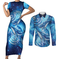 New Zealand Humpback Whale Matariki Couples Matching Short Sleeve Bodycon Dress and Long Sleeve Button Shirt Maori New Year Taniko Niho Taniwha LT14 Blue - Polynesian Pride