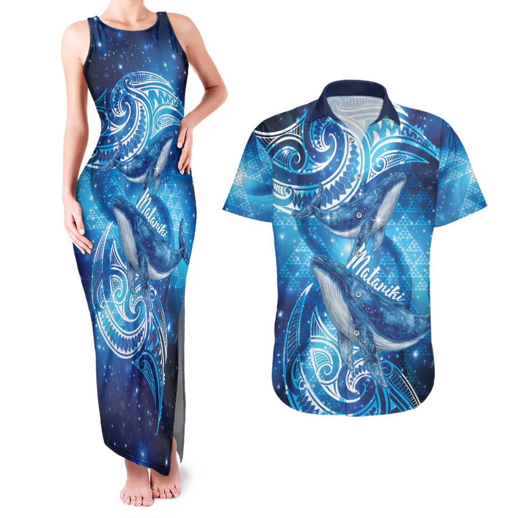 New Zealand Humpback Whale Matariki Couples Matching Tank Maxi Dress and Hawaiian Shirt Maori New Year Taniko Niho Taniwha LT14 Blue - Polynesian Pride