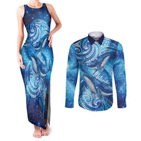 New Zealand Humpback Whale Matariki Couples Matching Tank Maxi Dress and Long Sleeve Button Shirt Maori New Year Taniko Niho Taniwha LT14 Blue - Polynesian Pride
