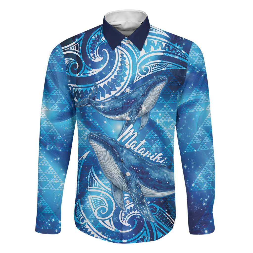 New Zealand Humpback Whale Matariki Family Matching Puletasi and Hawaiian Shirt Maori New Year Taniko Niho Taniwha LT14 Dad's Shirt - Long Sleeve Blue - Polynesian Pride