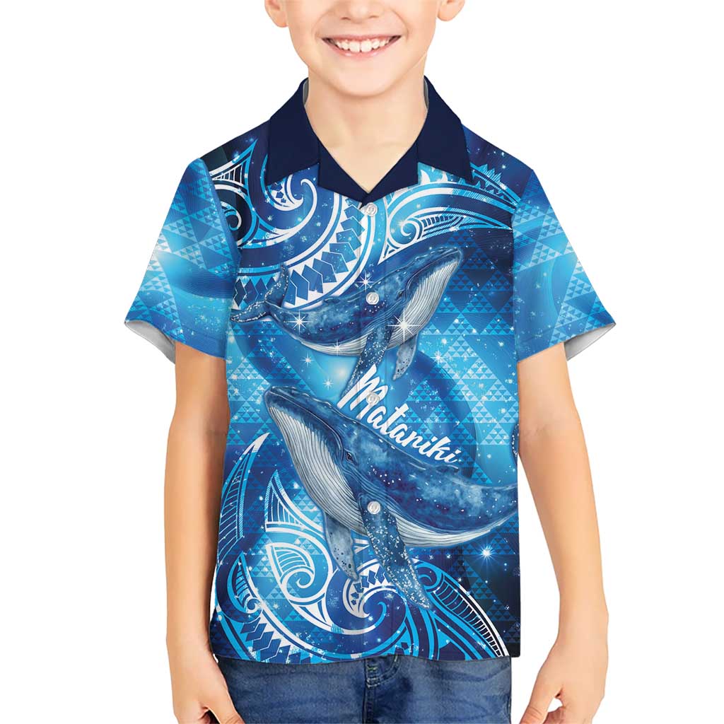 New Zealand Humpback Whale Matariki Family Matching Puletasi and Hawaiian Shirt Maori New Year Taniko Niho Taniwha LT14 Son's Shirt Blue - Polynesian Pride
