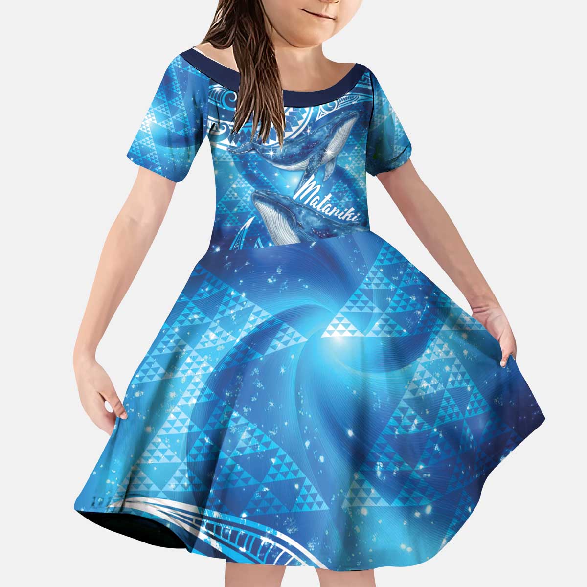 New Zealand Humpback Whale Matariki Kid Short Sleeve Dress Maori New Year Taniko Niho Taniwha LT14 KID Blue - Polynesian Pride