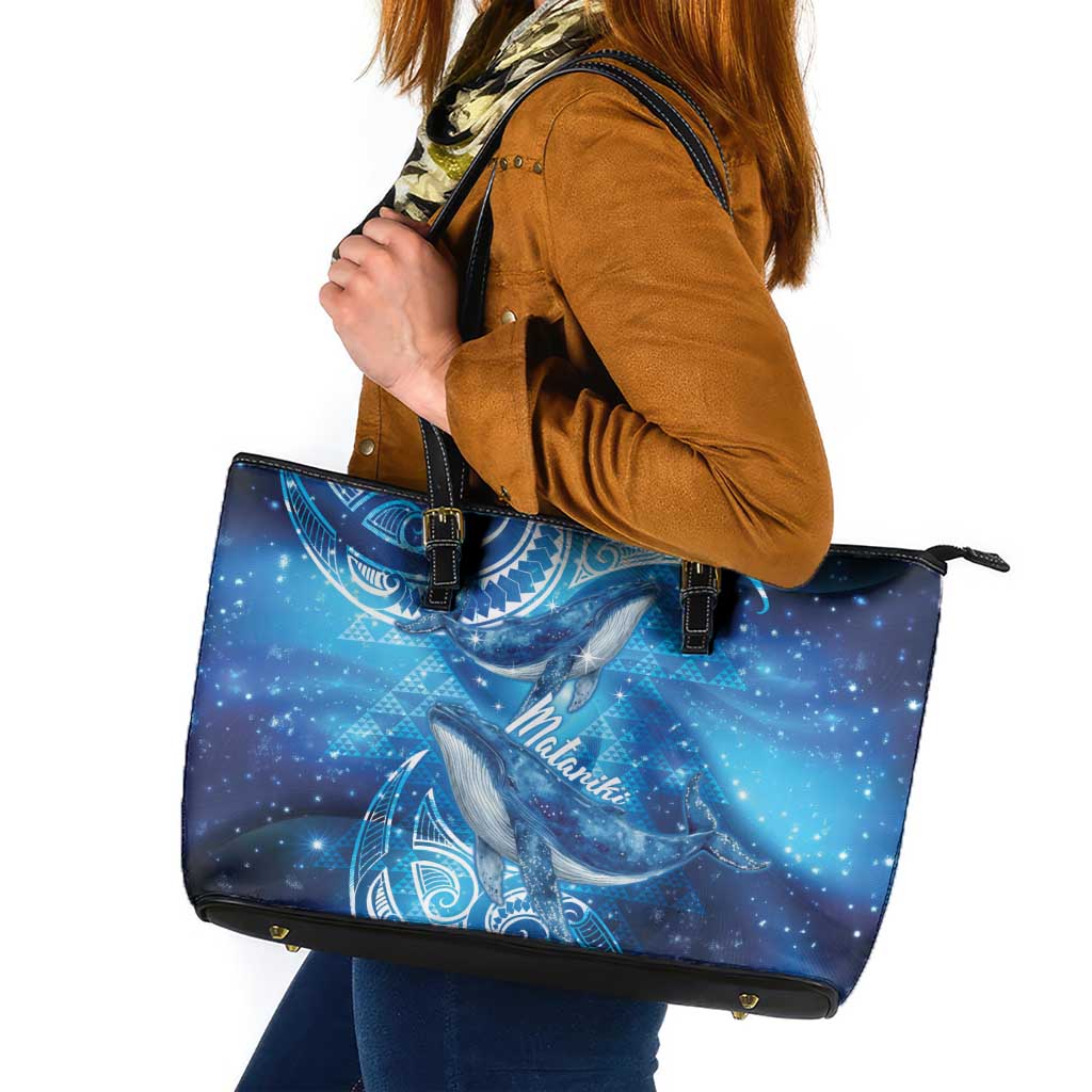 New Zealand Humpback Whale Matariki Leather Tote Bag Maori New Year Taniko Niho Taniwha LT14 Blue - Polynesian Pride
