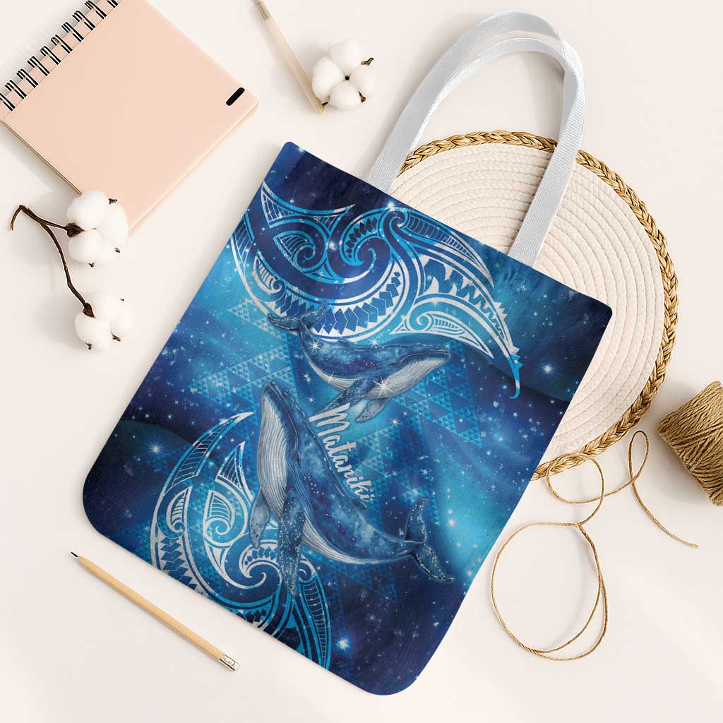 New Zealand Humpback Whale Matariki Tote Bag Maori New Year Taniko Niho Taniwha LT14 White Strap One Size Blue - Polynesian Pride