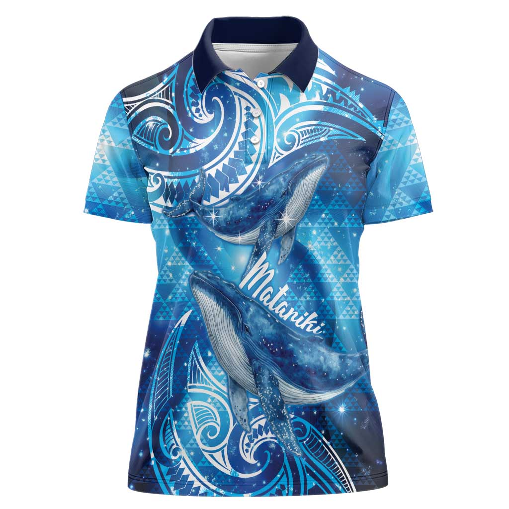 New Zealand Humpback Whale Matariki Women Polo Shirt Maori New Year Taniko Niho Taniwha LT14 Female Blue - Polynesian Pride